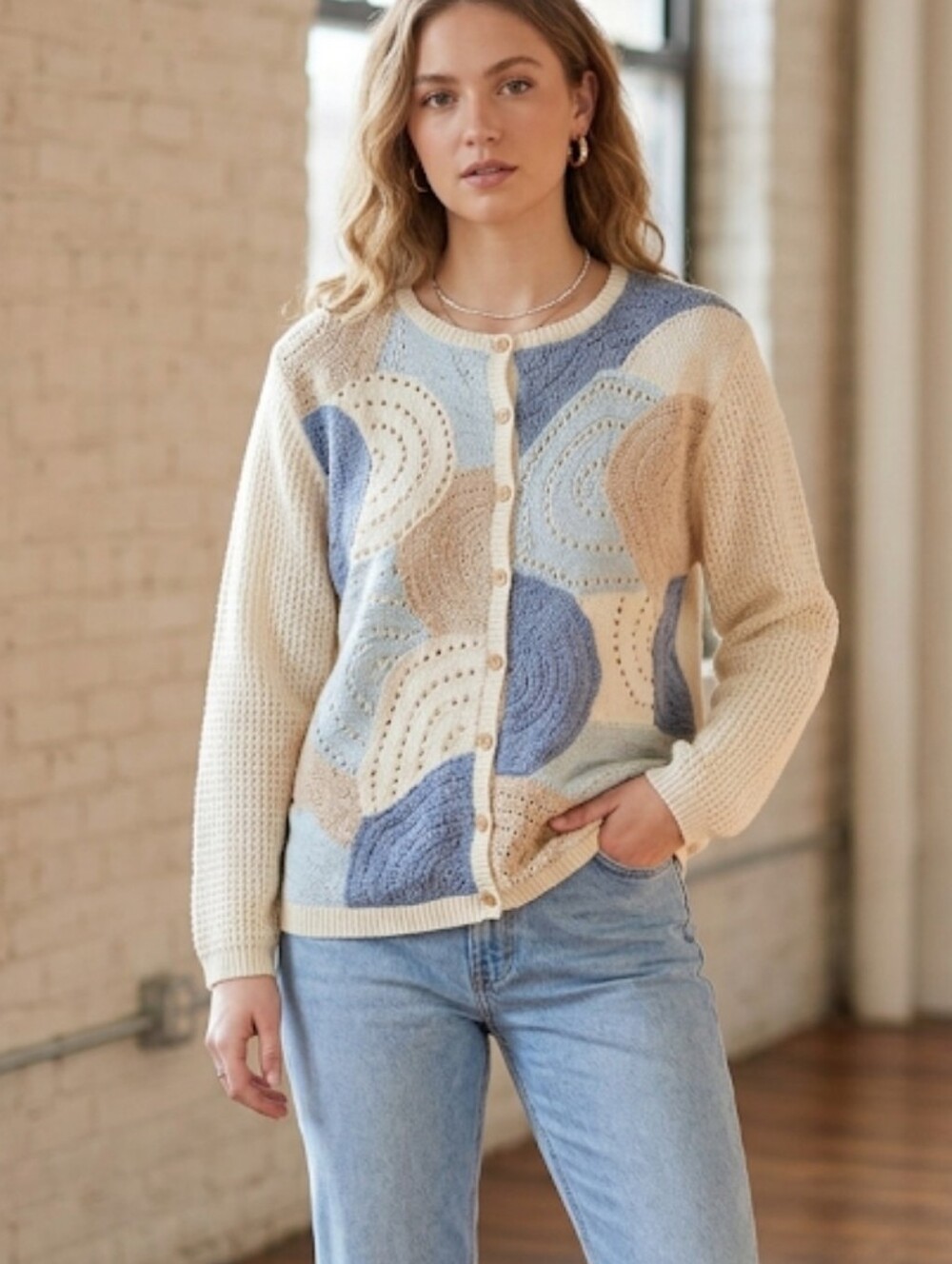 Vintage Alfred Dunner Women Y2K Light Blue & Beige Crochet Cardigan Sz S